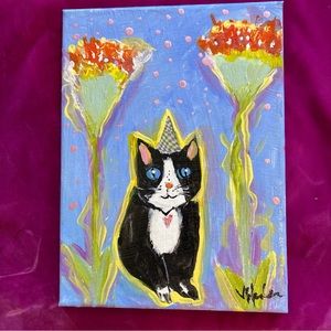 Cat In A Party Hat “Original Art Acrylic  Painting Cat 12”x9” On Canvas